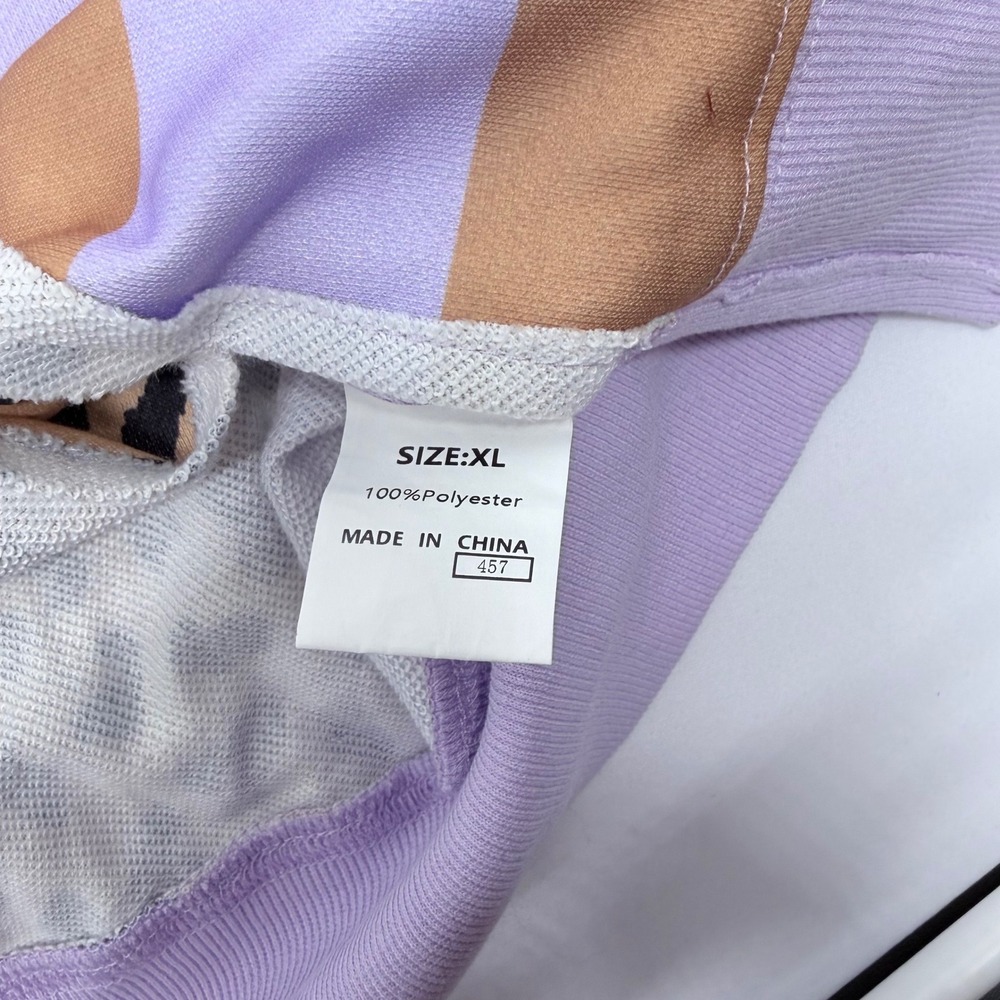 Mixed Media Leopard Striped Sweatshirt Lavender Tan XL Balloon Sleeve Split Hem - Picture 3 of 6